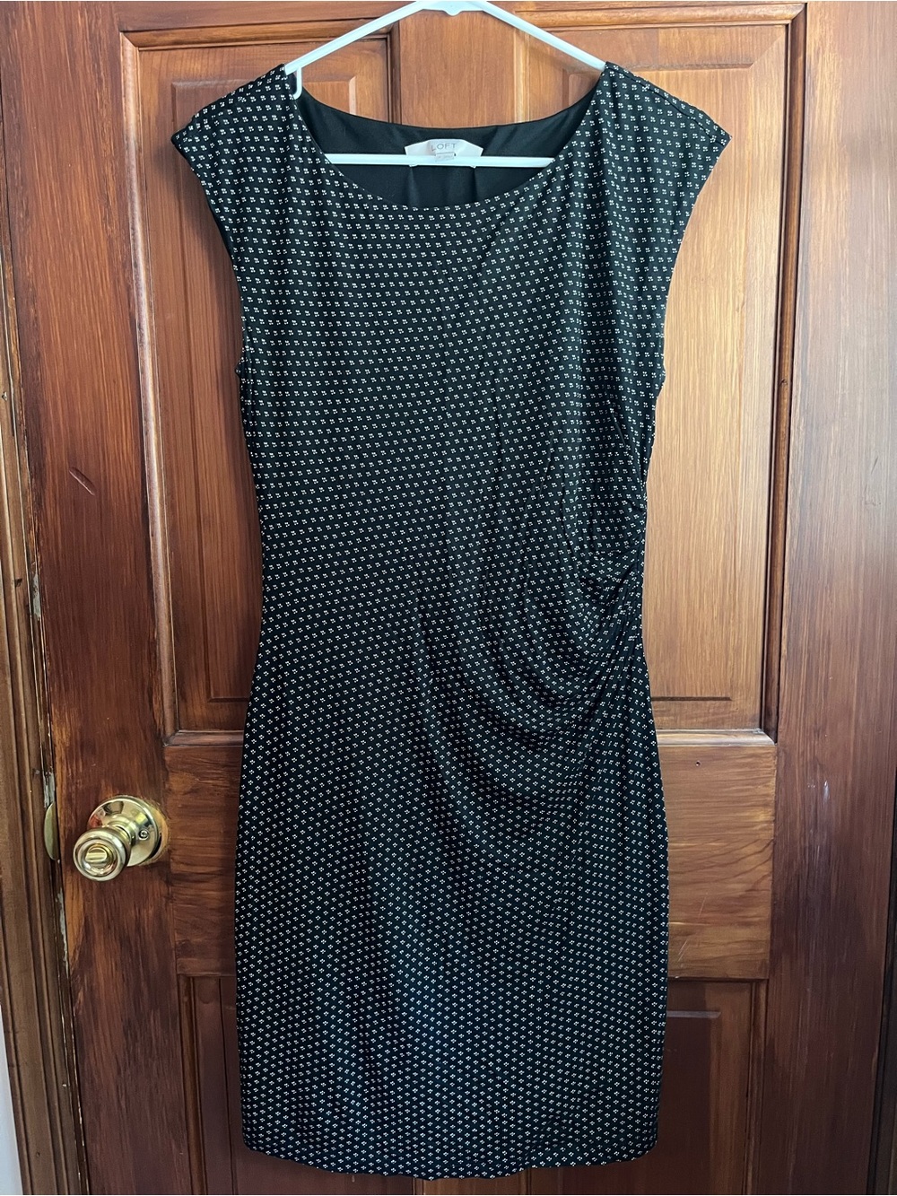 LOFT Black Midi Sheath Dress with Micro Dot Print